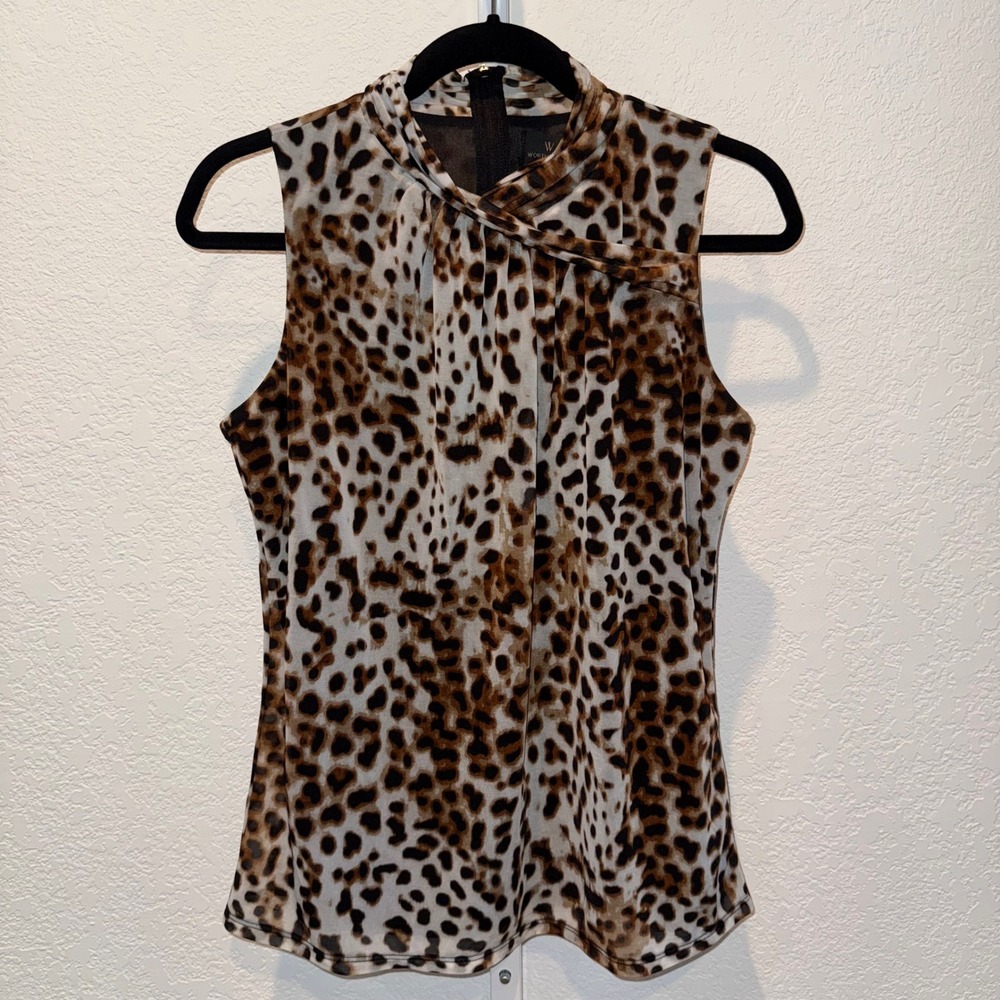 Worthington Leopard Print Sleeveless Blouse Mock Neck Zip Back Size M Y2K Vibes
